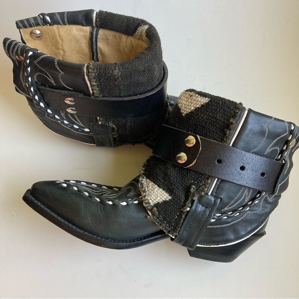 Canty Dan Post Black Leather & Textile Boho Short Ankle Western Cowboy Boots 7.5 - Picture 6 of 16